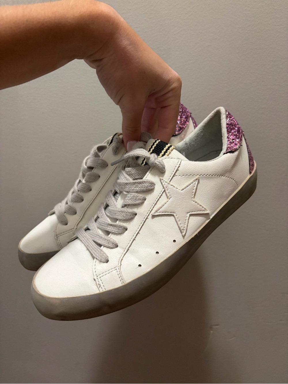 ShuShop White Leather Sneakers with Pink Glitter Heel